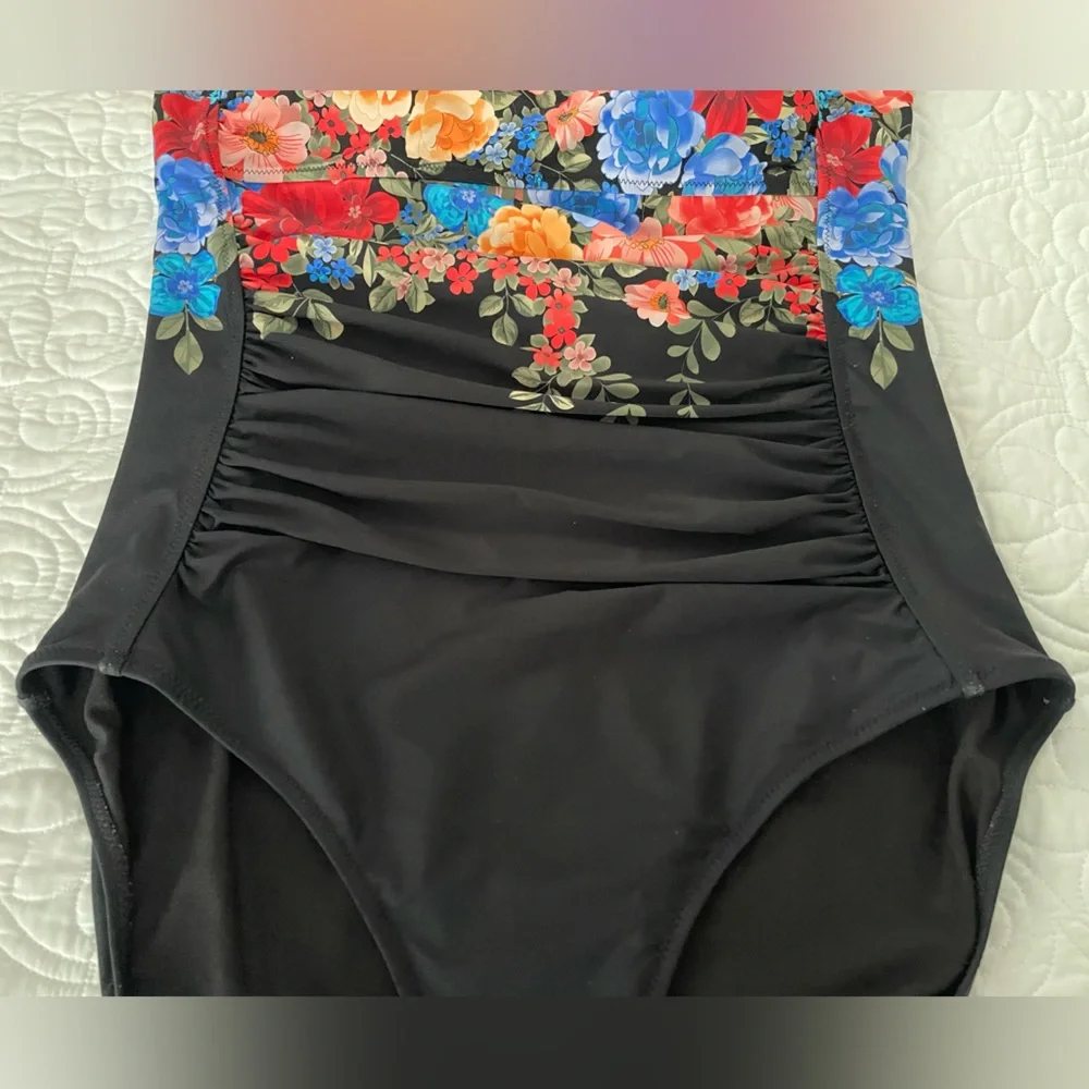 Johnny Was Black Royal Ruched One Piece Floral Swimsuit Sz 3X - Picture 5 of 14